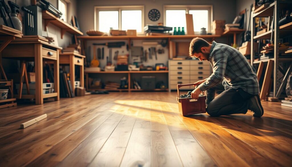 A well-lit workshop interior, hardwood floorboards in the foreground, a person kneeling down with a toolbox, examining the floor closely. Behind them, shelves with various carpentry tools and supplies. Soft, directional lighting from windows casts warm shadows, highlighting the texture of the wood. The atmosphere is one of focused, methodical repair, with an air of problem-solving and attention to detail.