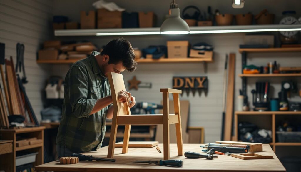 A well-lit workshop interior with a DIY workbench in the foreground, tools and materials neatly arranged. A person in casual attire assembling a wooden chair, their face obscured as they focus intently on the task. Soft shadows cast by the task light create depth and a sense of earnest concentration. The background features shelves stocked with DIY supplies, giving an impression of a productive, problem-solving environment. The overall mood is one of self-reliance, practical skill, and the satisfaction of hands-on creation.