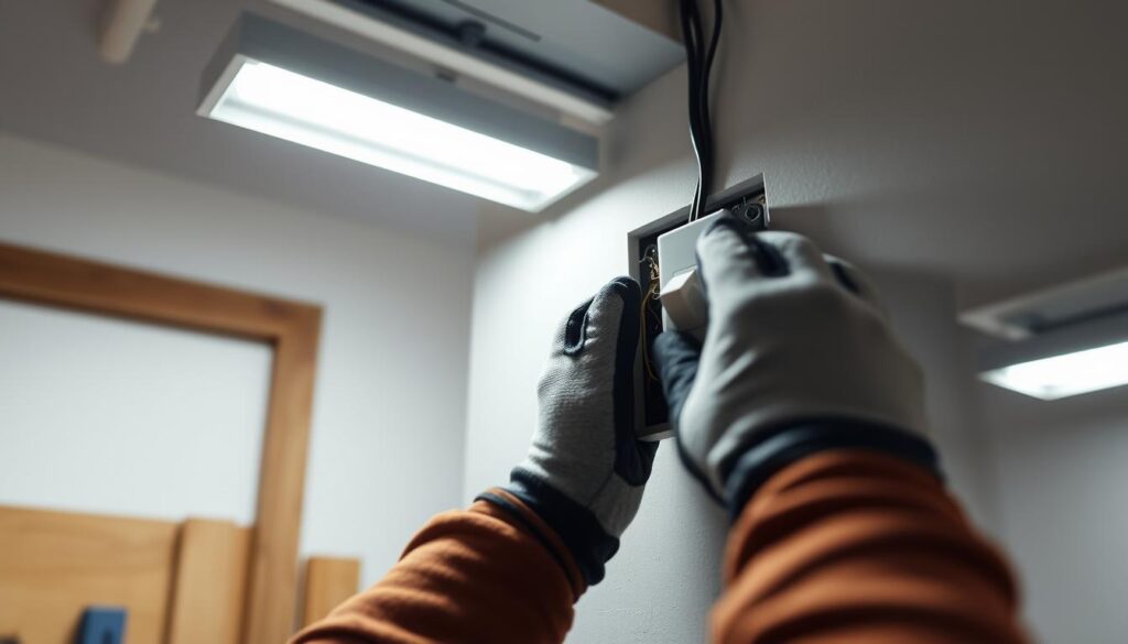 A well-lit workshop interior with a closeup view of a person's hands replacing a light switch on the wall. The switch is mounted in a recessed electrical box, with exposed wiring visible. The person is wearing work gloves and is concentrating intently on the task. The lighting is bright and even, illuminating the details of the switch and the person's hands. The background is clean and uncluttered, allowing the focus to remain on the core action. The overall mood is one of practical, step-by-step problem-solving.