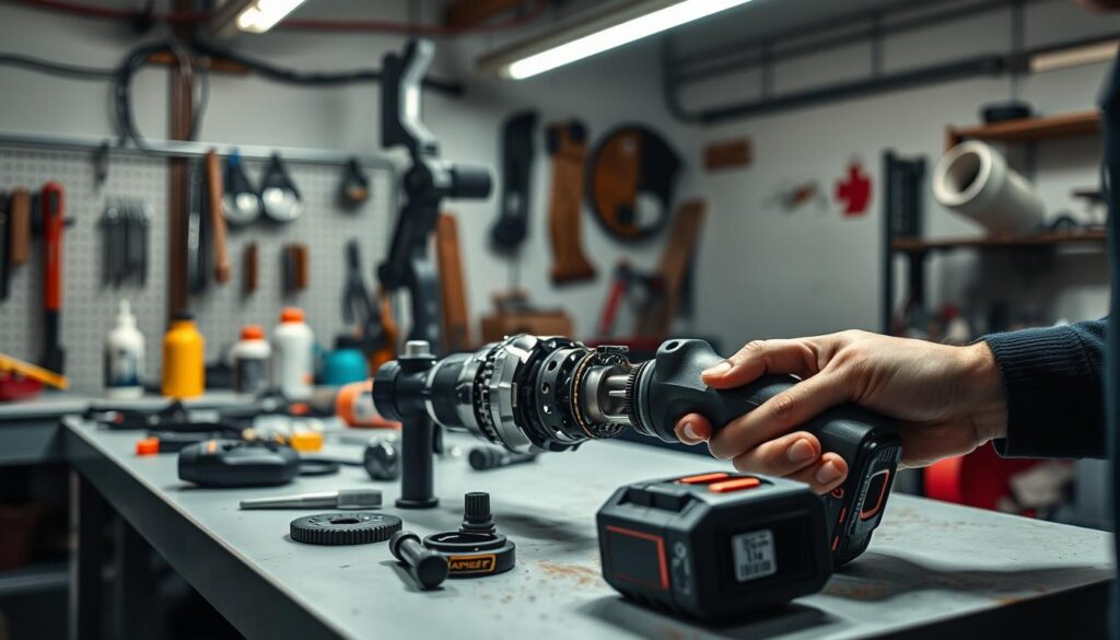 A well-lit workshop interior, with a cordless impact wrench disassembled on a clean workbench. The wrench's components are arranged neatly, with various tools and lubricants nearby. A skilled mechanic's hands are carefully examining each part, inspecting for wear and tear. Soft, directional lighting illuminates the scene, casting subtle shadows that highlight the intricate details of the wrench's inner workings. The atmosphere is one of focused attention and methodical maintenance, conveying the importance of proper care for this essential power tool.