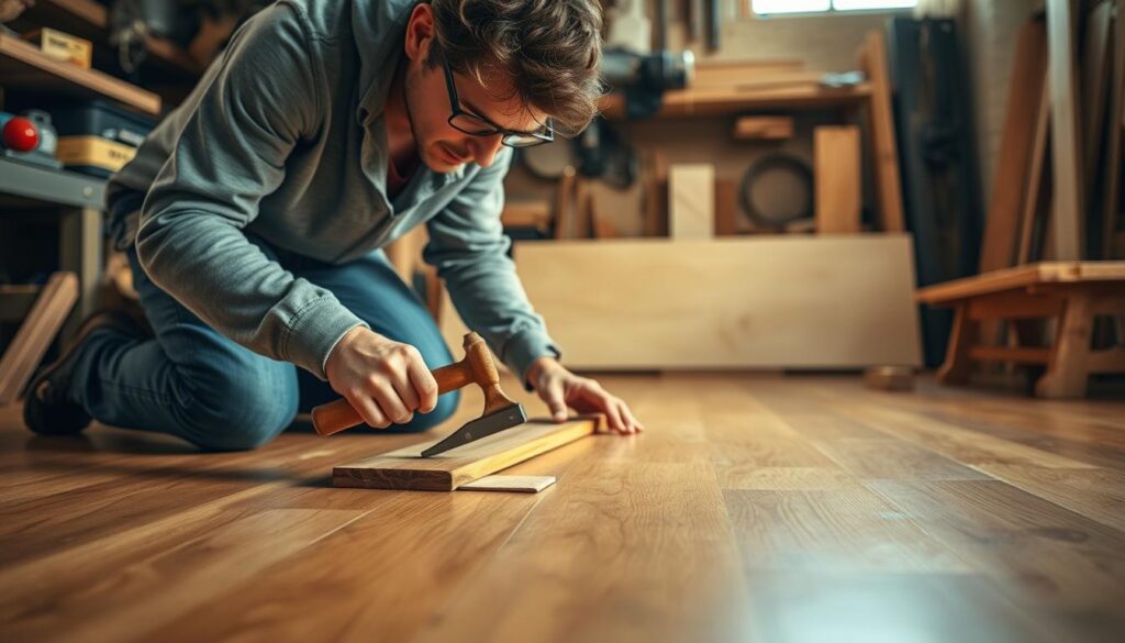 A well-lit workshop interior with a hardwood floor in the foreground. A person kneeling on the floor, intently examining a squeaky floorboard. They are using a small pry bar and a claw hammer to gently lift the board, exposing the subfloor beneath. The lighting is soft and warm, illuminating the person's focused expression as they work. The background features various woodworking tools and materials, hinting at the DIY nature of the task. The composition emphasizes the person's hands and the floorboard, drawing the viewer's attention to the delicate process of fixing the squeak without damaging the floor.