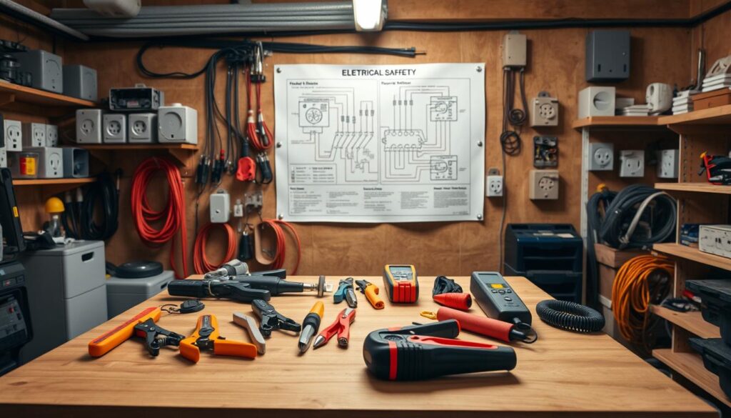 A well-lit workshop interior, with a sturdy wooden workbench in the foreground. On the bench, an array of electrical tools and safety equipment, including wire strippers, insulated gloves, and a circuit tester. In the middle ground, a detailed diagram of electrical wiring, pinned to the wall, providing clear safety guidelines. The background features various electrical components, such as outlet boxes and junction boxes, neatly organized on shelves. The overall atmosphere is one of careful preparation and attention to detail, reflecting the importance of electrical safety.