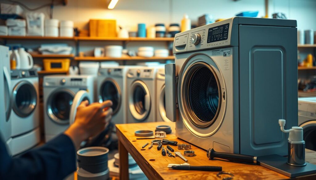 A well-lit workshop interior with an assortment of household appliances neatly arranged on a sturdy workbench. In the foreground, a technician's hands delicately disassembling a washing machine, tools and spare parts laid out in an organized manner. The background features shelves stocked with replacement components and cleaning supplies, creating a sense of a professional, well-equipped maintenance space. Warm, directional lighting casts subtle shadows, emphasizing the intricate mechanical details. The overall mood is one of focused, efficient appliance repair, conveying the expertise and care required for proper preventative maintenance.