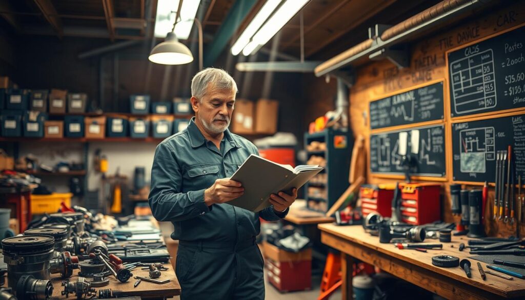 A well-lit workshop interior, with various tools and repair materials neatly organized on sturdy wooden workbenches. A middle-aged mechanic stands in the foreground, intently studying a repair manual while jotting down calculations on a clipboard. Rays of warm, directional lighting from overhead lamps cast a focused, contemplative atmosphere, highlighting the detailed textures of the parts and tools. The background features shelves stocked with labeled bins, a tool rack, and a chalkboard displaying diagrams and cost estimates. The scene conveys a sense of professional expertise and careful planning for an accurate, cost-effective repair job.