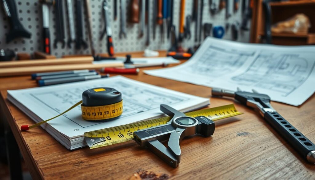A well-lit workshop setting, showcasing an assortment of measuring tools neatly arranged on a wooden workbench. In the foreground, a tape measure, a ruler, and a pair of calipers sit alongside a notebook, reflecting the step-by-step approach to estimating repair materials. In the middle ground, a blueprint or technical drawing provides the necessary dimensions and specifications. The background features a pegboard with various other tools, conveying a sense of precision and organization essential for accurate material estimation.