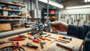 A well-lit workshop setting, showcasing the proper way to secure loose electrical conduit. In the foreground, skilled hands carefully securing a section of conduit to a wall using robust metal clamps, ensuring a sturdy and secure connection. The middle ground features an array of tools, including wire cutters, pliers, and a screwdriver, neatly organized on a workbench. The background subtly depicts the rest of the workshop, with shelves of electrical components and a pegboard of organized tools, conveying a sense of professionalism and attention to detail. The overall atmosphere is one of safety, precision, and expert craftsmanship.