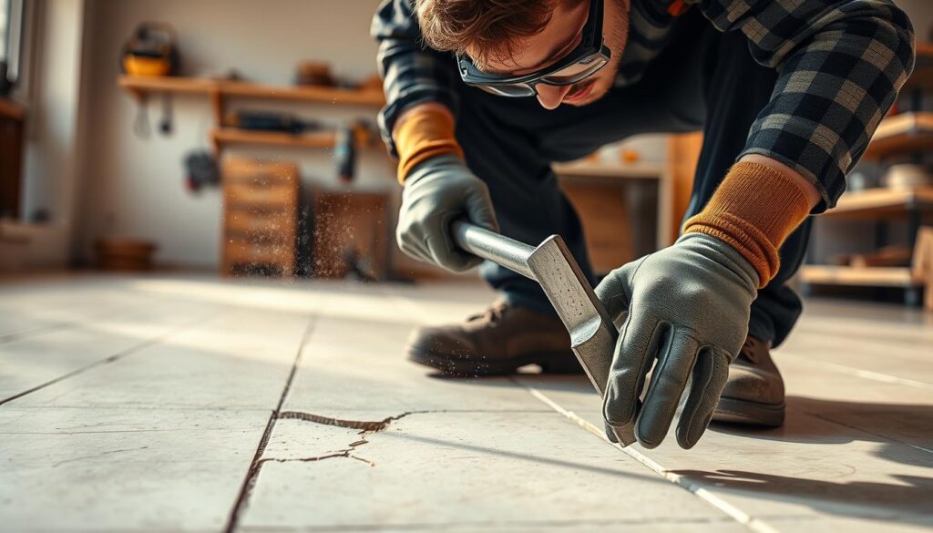 A well-lit workshop setting, with a tiled floor in the foreground. A worker, wearing safety gloves and goggles, carefully pries up a cracked and damaged tile using a sturdy pry bar. Dust motes float in the air, and the worker's movements are precise and focused. The background is a neutral, clean workspace, with shelves and tools visible, conveying a sense of order and professionalism. The lighting is warm and natural, casting subtle shadows that add depth and dimension to the scene. The overall mood is one of diligence and care, with the worker's actions reflecting the importance of safely removing the broken tile before beginning the replacement process.