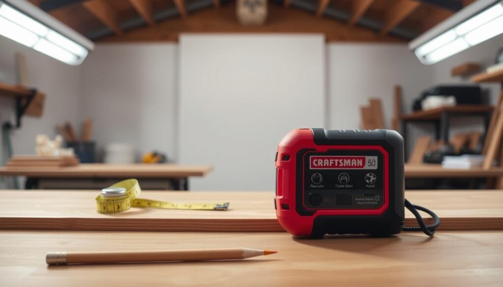A well-lit workshop table, centered in the frame, showcases a Craftsman StudSensor device in the foreground. The tool is positioned atop a wooden surface, surrounded by a few common household items like a tape measure and pencil to provide scale. The middle ground features a clean, minimalist background, allowing the stud finder to be the main focus. The lighting is soft and diffused, creating an inviting, educational atmosphere suitable for a DIY tutorial. The camera angle is slightly elevated, capturing the stud finder at an angle that highlights its key features and controls, guiding the viewer on how to properly calibrate and use the device.