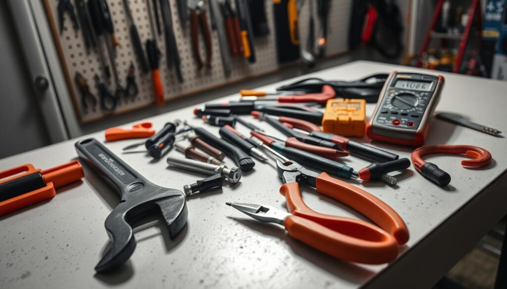 A well-lit workshop table, the surface cluttered with an assortment of refrigerator repair tools. A adjustable wrench, a set of screwdrivers, pliers, and a multimeter neatly arranged, casting subtle shadows. In the background, a pegboard displays various other specialized tools, hinting at the intricate nature of refrigerator maintenance. The overall scene conveys a sense of preparedness and attention to detail, setting the stage for a safe and effective troubleshooting process.