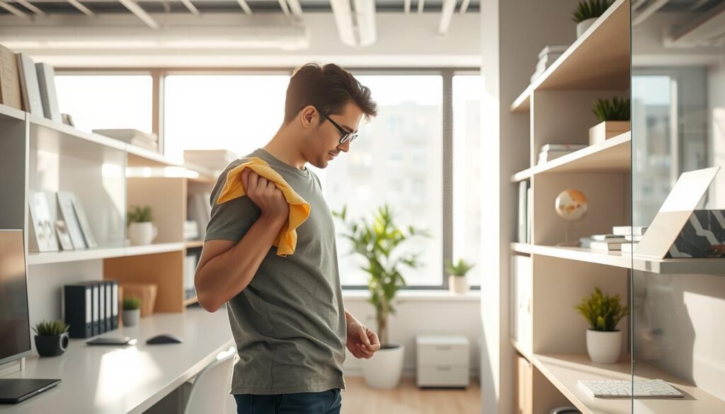 A well-lit workspace with a person diligently cleaning dust from shelves and surfaces using a microfiber cloth. The scene features a clean, organized office environment with minimal clutter, soft natural lighting streaming in through large windows, and a serene, focused atmosphere. The person is wearing casual, comfortable attire and is meticulously wiping down each surface, ensuring a thorough and efficient dust removal process. The overall impression is one of a harmonious, productive workspace free from the distractions of airborne particles.
