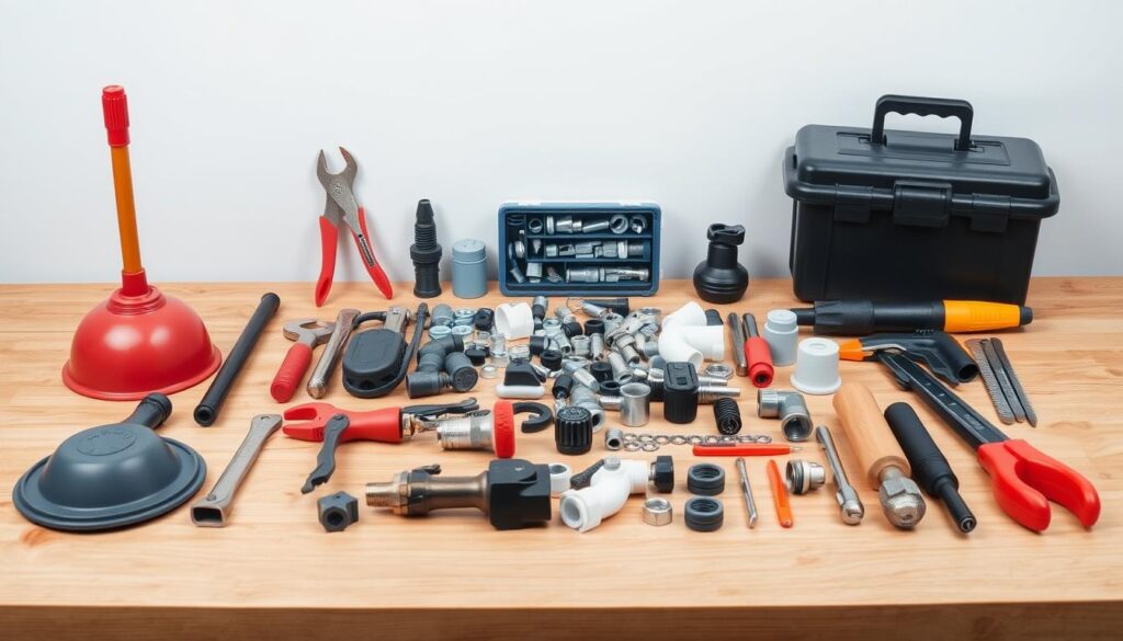 A well-organized and comprehensive plumbing toolkit laid out on a wooden workbench against a plain white background. The foreground features an assortment of essential plumbing tools including a plunger, basin wrench, pipe cutter, hex keys, and a compact toolbox. In the middle ground, a selection of fittings, washers, and other small plumbing parts are neatly arranged. The background has soft, even lighting that accentuates the textures and colors of the tools, creating a clean, professional look suitable for a DIY guide.