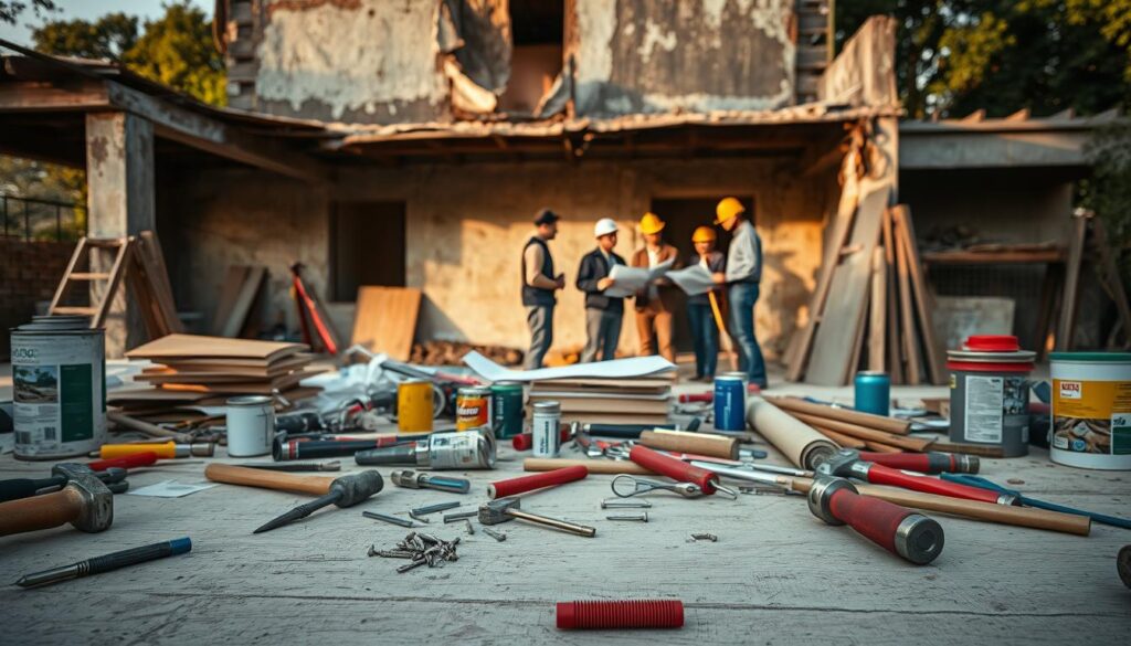 A well-organized construction site with a variety of tools and materials scattered across the foreground, including hammers, screwdrivers, nails, and paint cans. In the middle ground, a team of skilled workers carefully examining blueprints and discussing the repair project. The background features a partially dilapidated structure, its weathered exterior suggesting the scope of the necessary repairs. Warm, natural lighting illuminates the scene, casting long shadows and creating a sense of purpose and focus. The overall atmosphere conveys a balance of organization, problem-solving, and the hands-on work required to bring the project to completion.