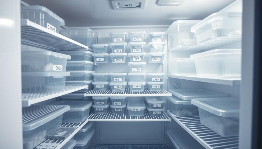 A well-organized freezer interior with strategically placed clear plastic containers and labeled shelves. The lighting is bright and even, casting a cool, clinical tone. The camera angle is from slightly above, providing an overview of the orderly layout. The freezer is filled with neatly stacked, tightly sealed containers of various sizes, allowing for maximum storage space and easy visibility of contents. The shelves are free of frost or ice buildup, showcasing efficient freezer management practices. An atmosphere of precision and control pervades the scene, demonstrating the benefits of proper freezer organization in preventing ice accumulation.