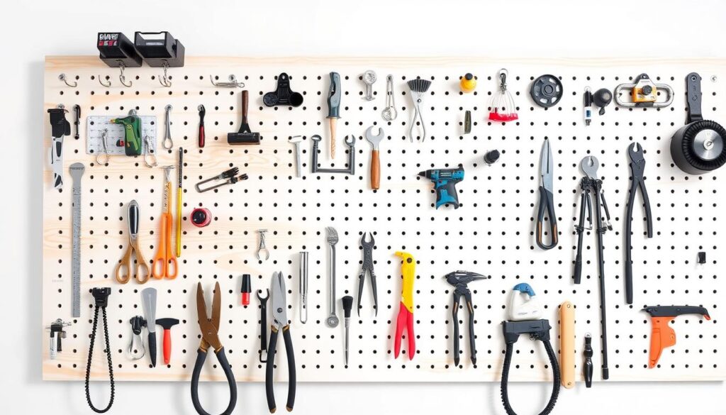 A well-organized pegboard system, mounted on a bright white wall, with neatly arranged hooks and storage accessories. The pegboard has a clean, minimalist aesthetic, with a subtle wood grain texture that adds warmth. The lighting is soft and diffused, creating gentle shadows that accentuate the depth and dimensionality of the arrangement. The layout is thoughtfully planned, with hooks strategically placed to showcase a variety of tools, from basic hardware to specialized organizational solutions. The overall scene conveys a sense of efficiency, practicality, and visual harmony, perfect for a "Planning Your Pegboard Layout" section in an article about pegboard organization.