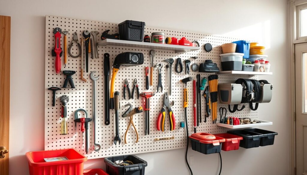 A well-organized pegboard system with various hooks, shelves, and storage bins. The pegboard is mounted on a clean, minimalist wall with natural lighting filtering in from a nearby window. The arrangement of the tools and accessories showcases a methodical, efficient organization system. The layout is visually appealing, with a balanced mix of colors and textures. The overall atmosphere conveys a sense of order, productivity, and thoughtful design.