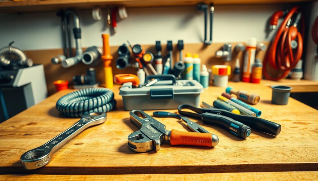 A well-organized plumbing toolkit resting on a wooden workbench, bathed in warm, directional lighting. In the foreground, an adjustable wrench, plumber's snake, and a set of hex keys are neatly arranged. In the middle ground, a pair of pliers, a basin wrench, and a tubing cutter sit alongside a small toolbox. The background features various pipe fittings, sealant tubes, and a clean, uncluttered wall, creating a professional, problem-solving atmosphere.