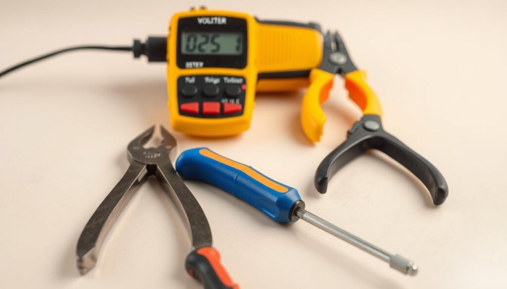 A well-organized set of light fixture repair tools displayed on a clean, neutral-colored surface. In the foreground, a pair of pliers, a screwdriver, and a utility knife stand out against the background. In the middle ground, a voltage tester and a wire stripper are positioned, showcasing the essential tools for safely diagnosing and repairing electrical issues. The lighting is soft and evenly distributed, creating a calm, professional atmosphere suitable for a safety-focused section of a home repair guide.