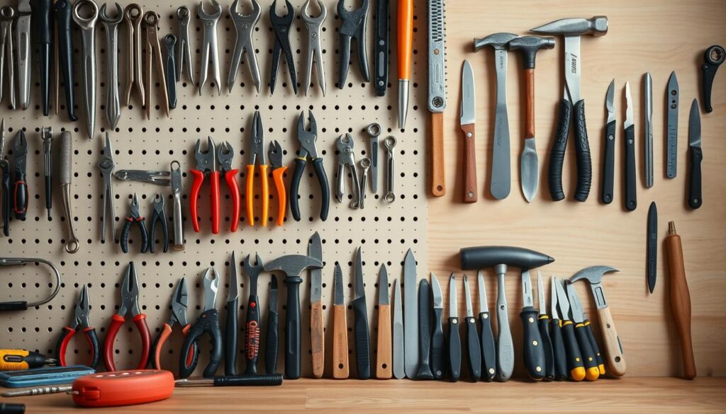 A well-organized tool bench with various hand tools neatly arranged. The tools are displayed in a clean, minimalist setup with a soft, natural lighting highlighting their intricate details. The foreground features a pegboard displaying an array of screwdrivers, pliers, and wrenches, while the middle ground showcases a set of precisely placed hammers, utility knives, and files. The background depicts a wooden workbench with a neutral-toned surface, providing a clean and uncluttered backdrop. The overall scene conveys a sense of efficiency, order, and a dedication to maintaining a productive workspace.