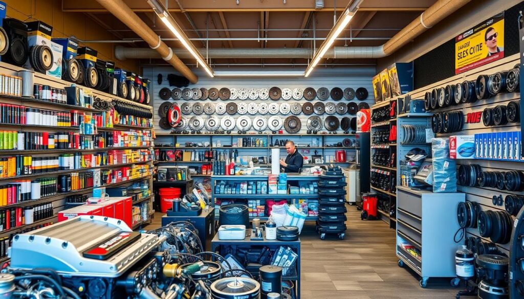 A well-organized trade parts showroom, illuminated by warm lighting and showcasing a diverse array of high-quality automotive components. In the foreground, a neatly displayed selection of engine parts, filters, and other essential items. In the middle ground, shelves stocked with an extensive inventory of brake pads, rotors, and suspension parts. The background features a clean, organized workspace with a counter and knowledgeable staff, ready to assist customers in finding the perfect parts for their needs. The overall atmosphere conveys a sense of professionalism, reliability, and a commitment to providing trade-level pricing and superior customer service.