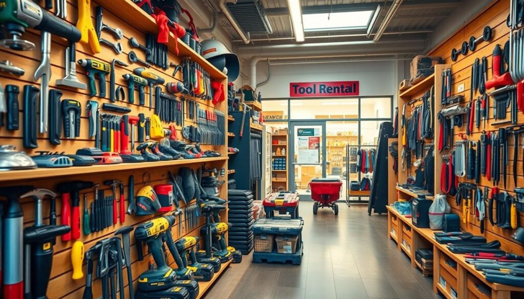 A well-stocked tool rental shop in Bristol, showcasing an array of essential power tools, hand tools, and construction equipment. The foreground features an assortment of tools neatly displayed on wooden shelves, including drills, saws, hammers, and screwdrivers. The middle ground depicts a brightly lit, spacious interior with a warm, inviting atmosphere, conveying a sense of professionalism and reliability. The background reveals the shop's exterior, a modern, well-maintained building with a prominent signage, hinting at the diverse range of tools available for hire. The lighting is soft and natural, creating a balanced and visually appealing scene that captures the essence of a trustworthy and customer-focused tool rental service in Bristol.