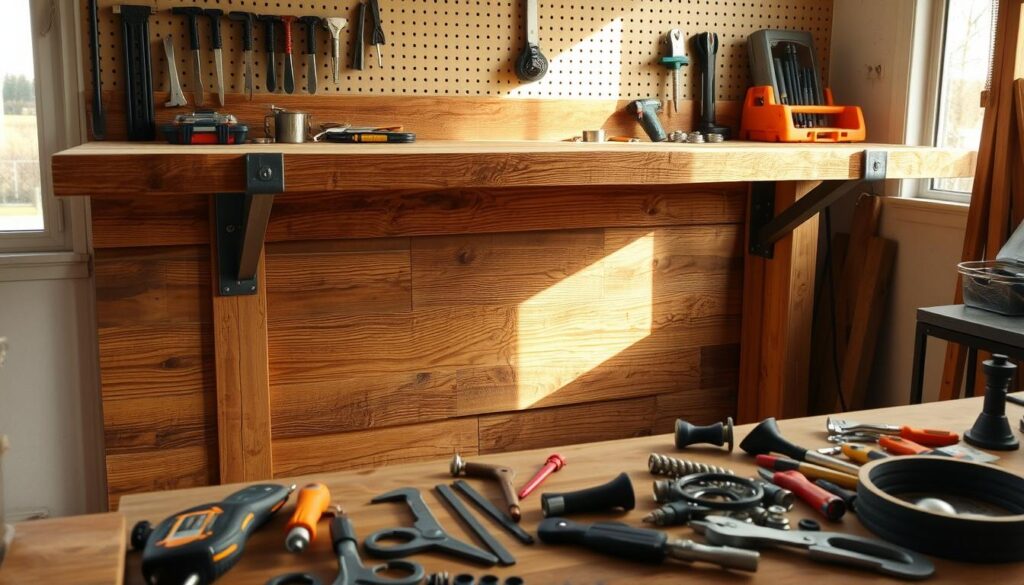 A workbench constructed from reclaimed wood planks, sturdy metal brackets, and a utilitarian pegboard backdrop. The light streams in through a nearby window, casting a warm glow on the natural textures. In the foreground, various tools and hardware are neatly organized, conveying a sense of practicality and efficiency. The overall scene exudes a rustic, budget-friendly charm, suitable for a well-equipped yet cost-conscious workshop.