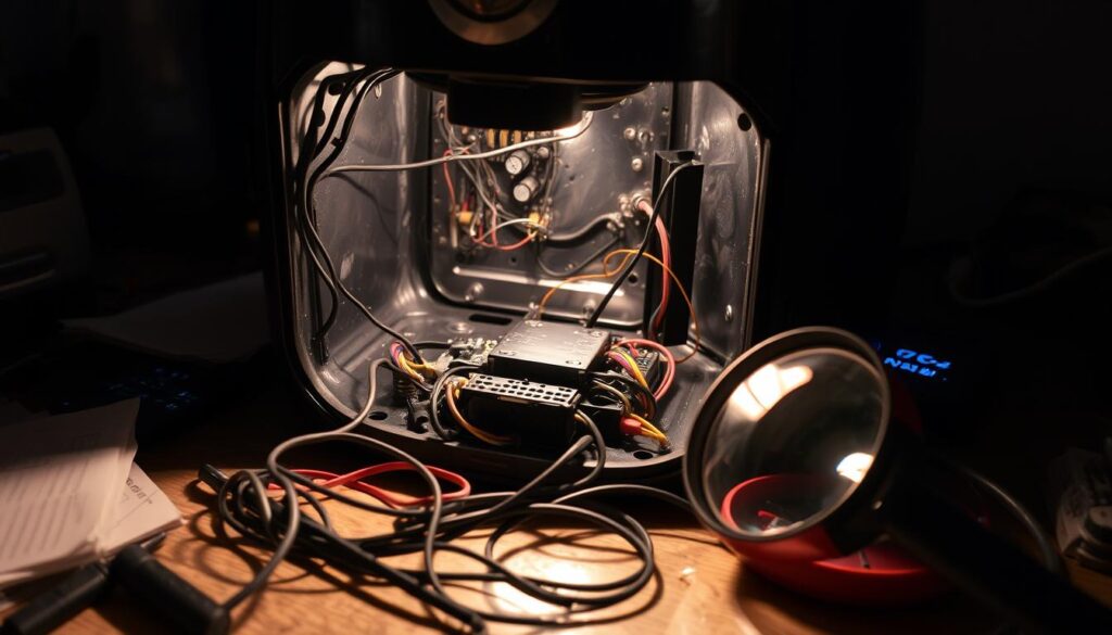 An air fryer power supply unit malfunctioning, casting a dim glow on a cluttered workbench. Wires and circuit boards in disarray, hinting at the technical complexity within. Soft shadows highlight the intricate details, conveying the gravity of the issue. A magnifying glass rests nearby, suggesting an in-depth inspection is underway. The overall atmosphere is one of concern and troubleshooting, befitting the challenges of diagnosing power supply problems in this essential kitchen appliance.