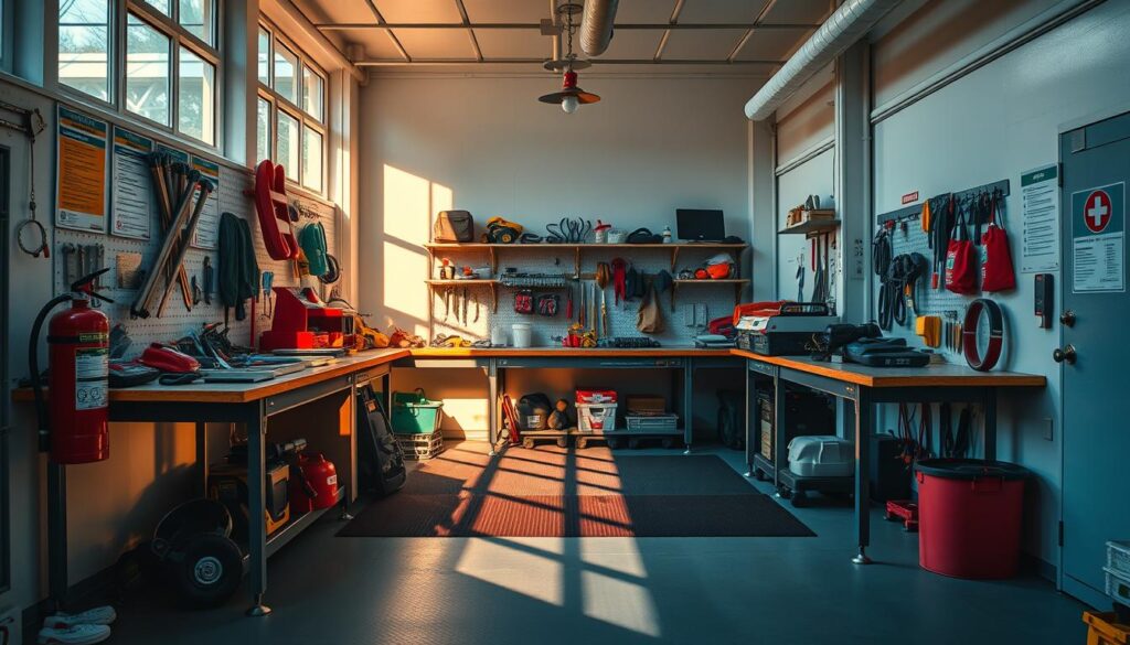 An airy, well-lit workshop with a clean, organized workbench. Sturdy tools and protective equipment neatly arranged, casting long shadows from a warm, natural light filtering through large windows. The floor is covered in a durable, non-slip matting, and the walls are adorned with informative safety posters. A fire extinguisher and first aid kit are prominently displayed, conveying a sense of preparedness. The overall atmosphere is one of focus, efficiency, and unwavering commitment to safe practices.