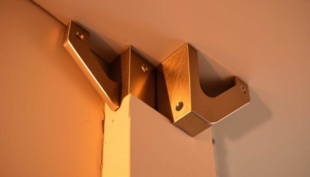An architectural close-up shot of drywall corner beads, illuminated by warm, natural lighting. The beads are made of sturdy galvanized steel, with a distinctive v-shaped profile and perforated flanges for secure attachment to the drywall. The smooth, metallic surface reflects the surrounding environment, creating a sense of depth and dimension. The image showcases the utilitarian design and functional purpose of these essential drywall components, highlighting their role in creating clean, well-defined edges along corners and edges.