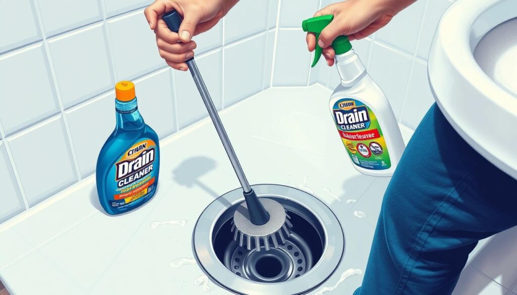 An image of a bathroom drain being cleaned with a plunger and a bottle of drain cleaner