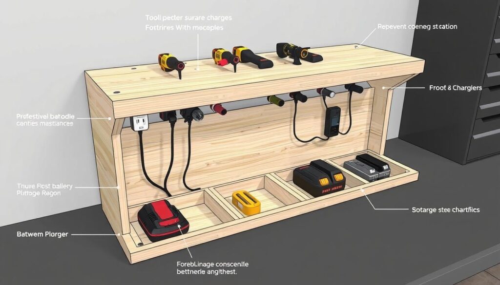 An image of a custom-built power tool charging station with multiple outlets and organised storage for batteries and chargers.