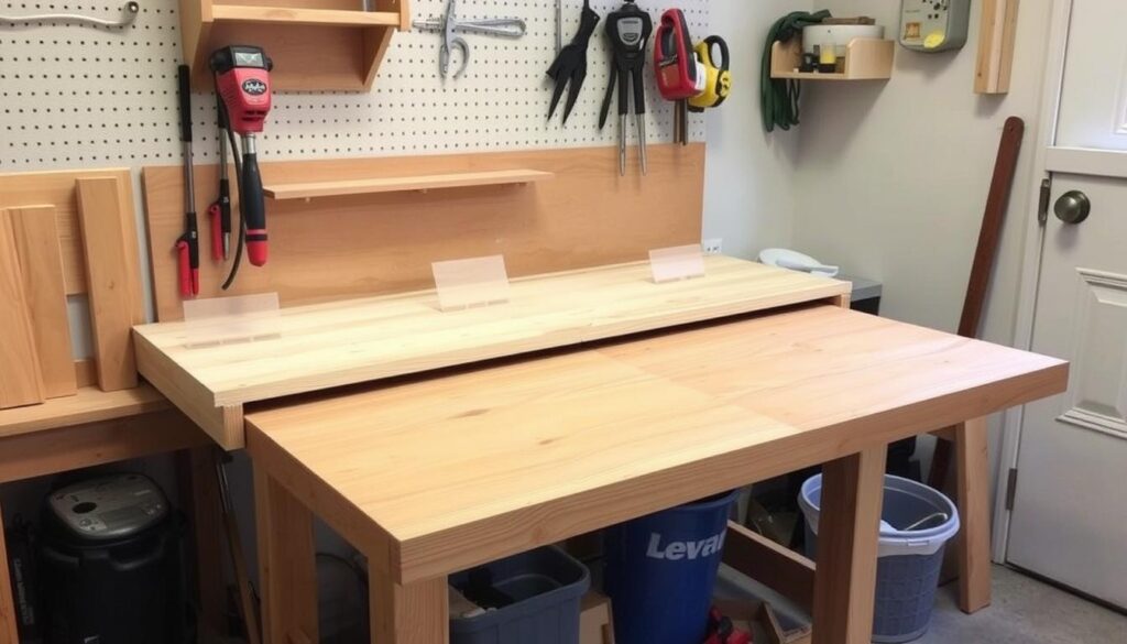 An image of a drop-leaf workbench in a compact workshop