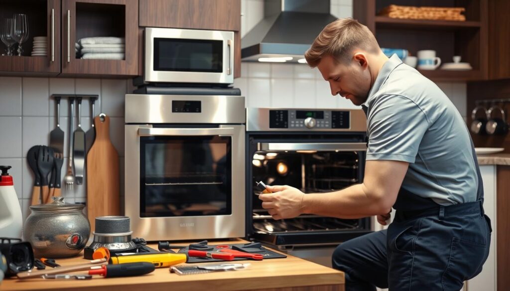 An image of a kitchen appliance repair technician fixing an oven
