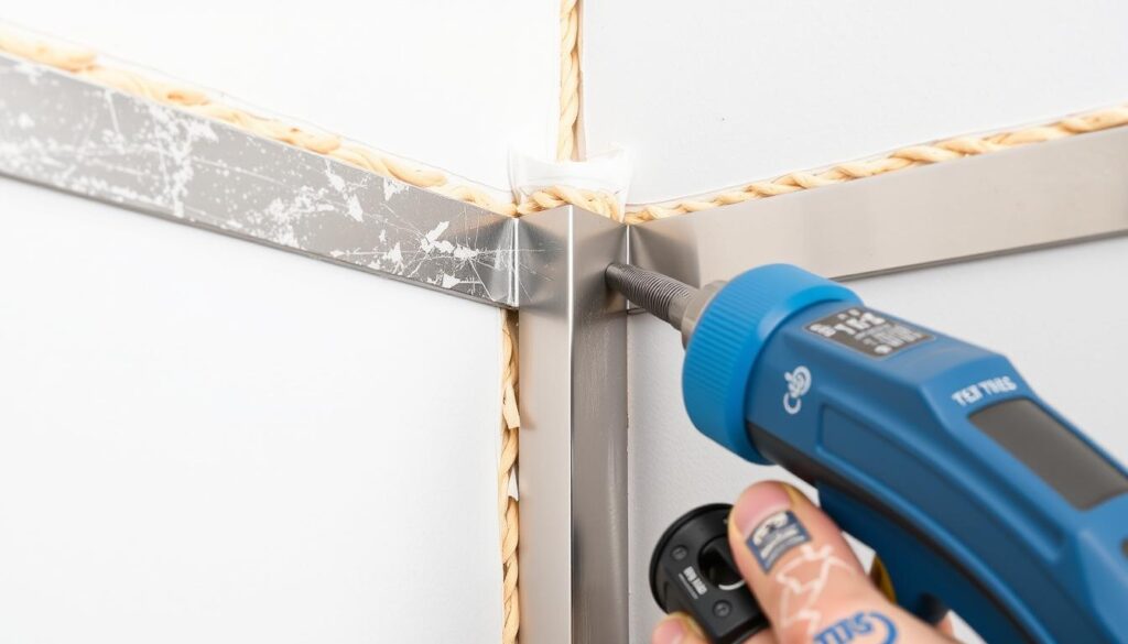An image of a metal corner bead being installed on a drywall corner