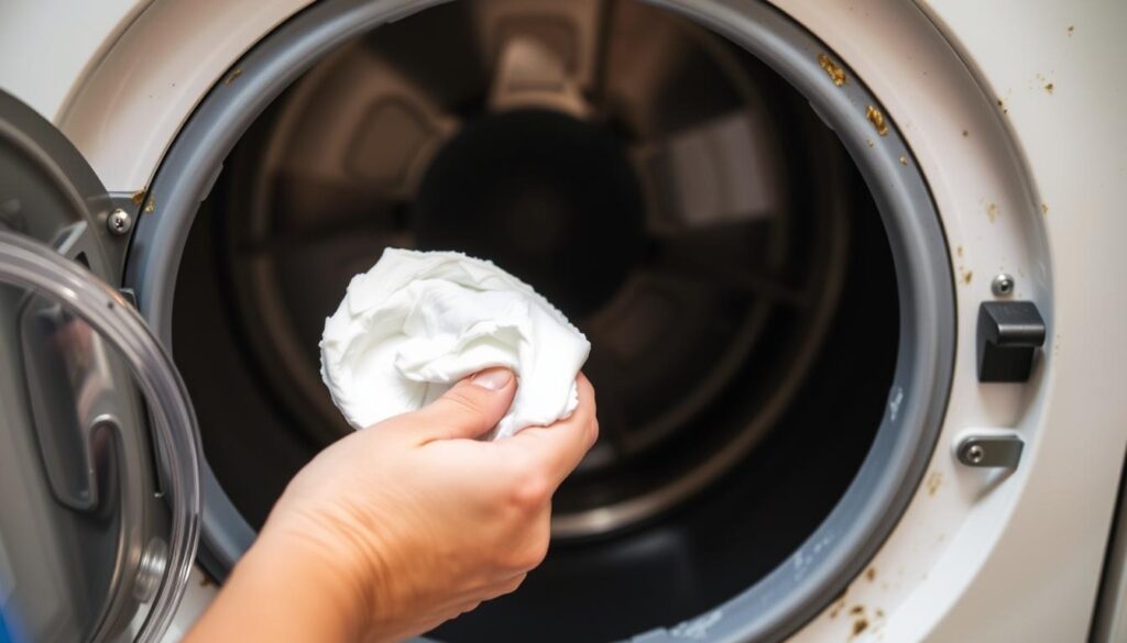 An image of a person applying baking soda paste to a mouldy washing machine door seal