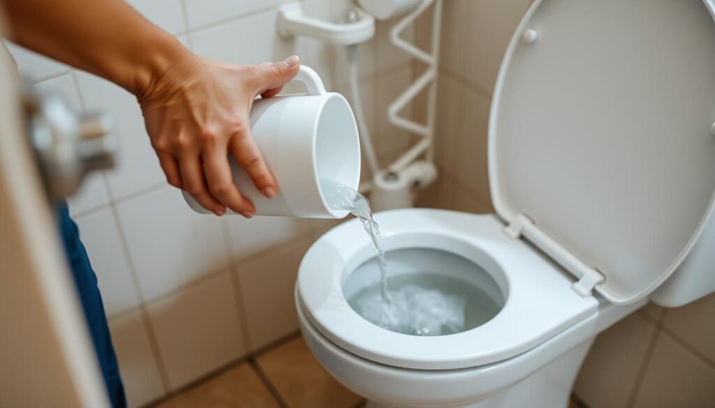 An image of a person pouring hot water into a toilet bowl.