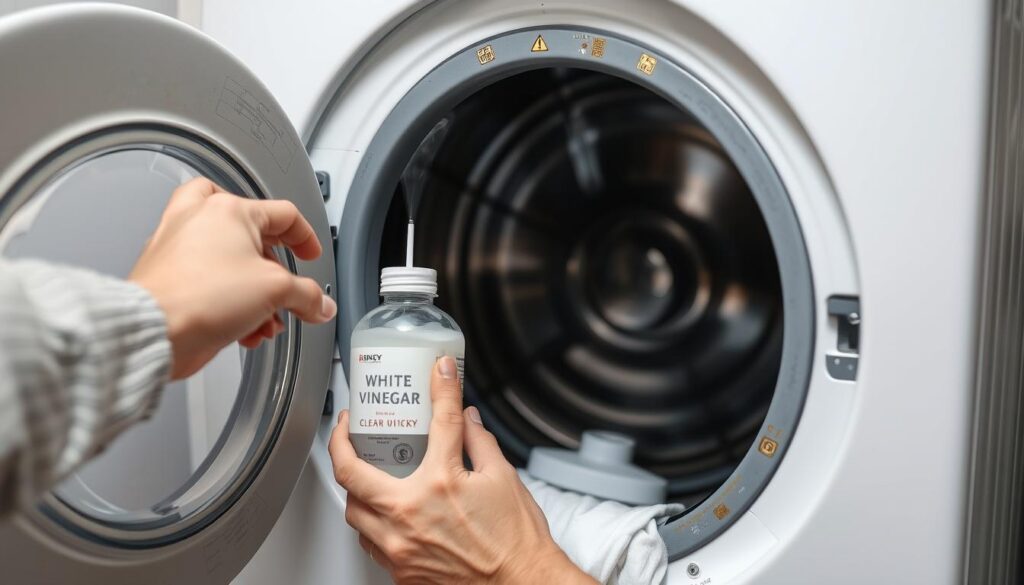 An image of a person spraying white vinegar onto a mouldy washing machine door seal