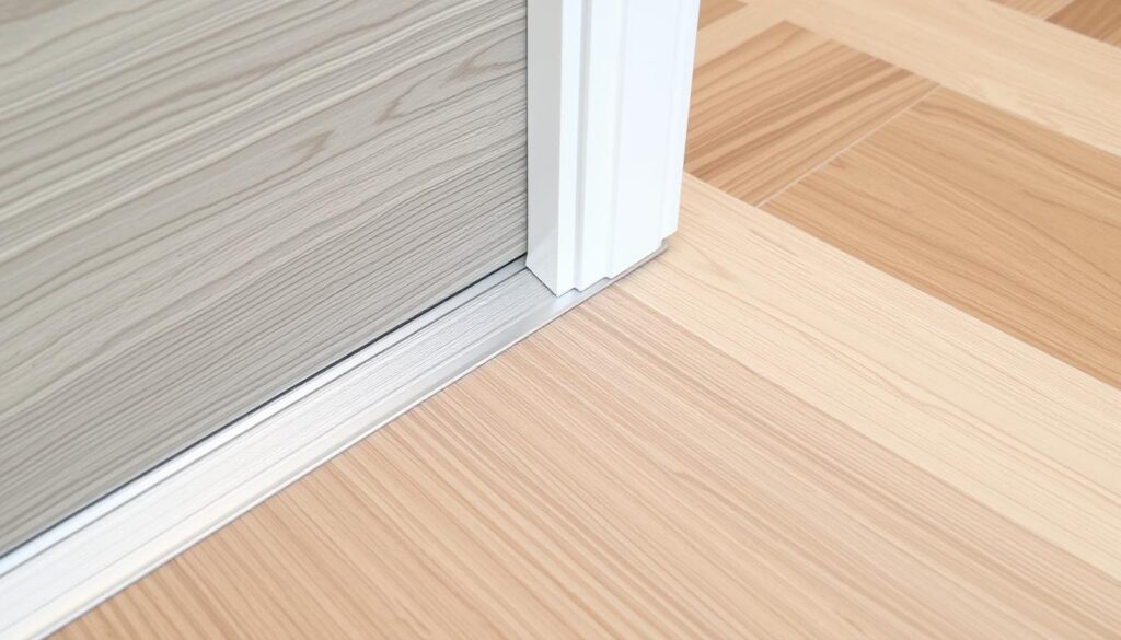 An image of a reducer strip installed between wood flooring and vinyl.