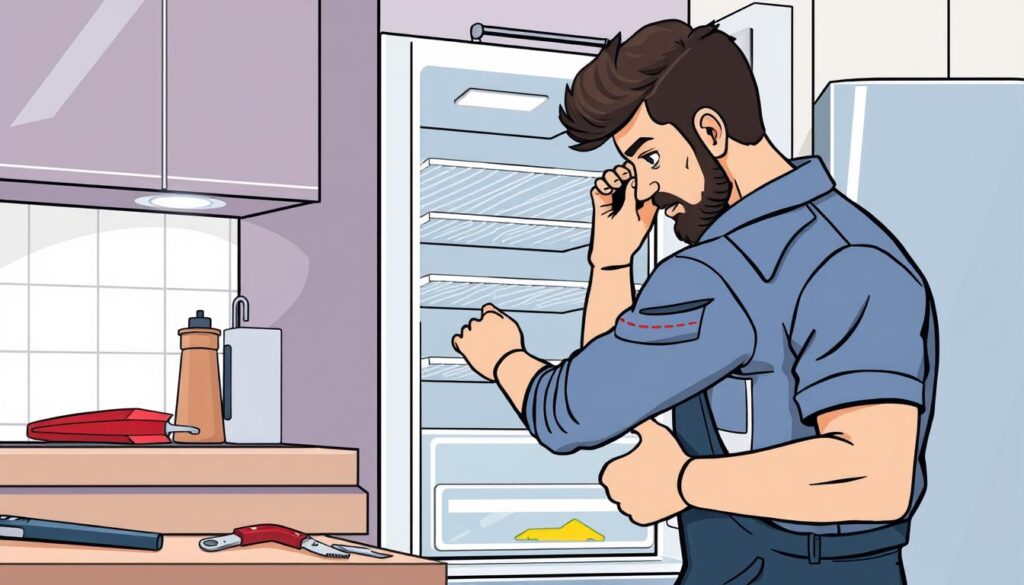 An image of a refrigeration repair technician fixing a fridge freezer