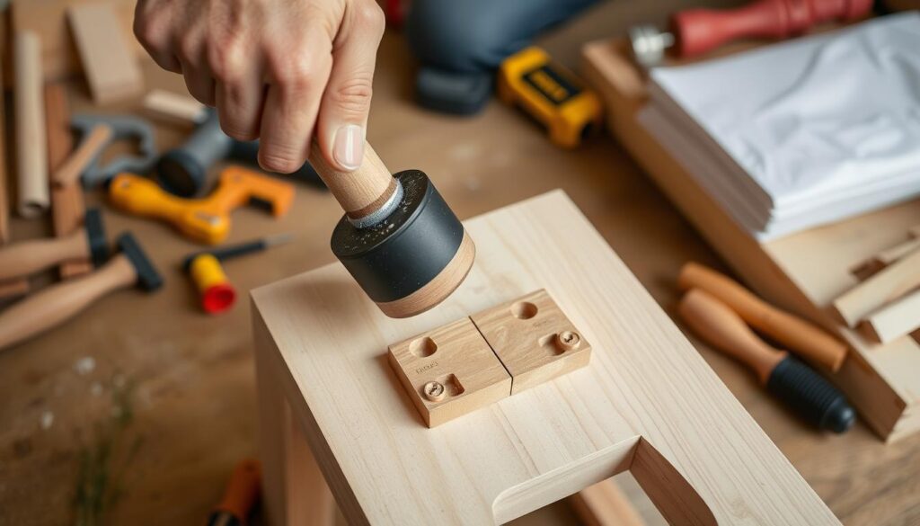 An image of a rubber mallet being used for furniture assembly