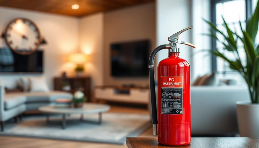 An image of a water mist fire extinguisher in a home or office setting.