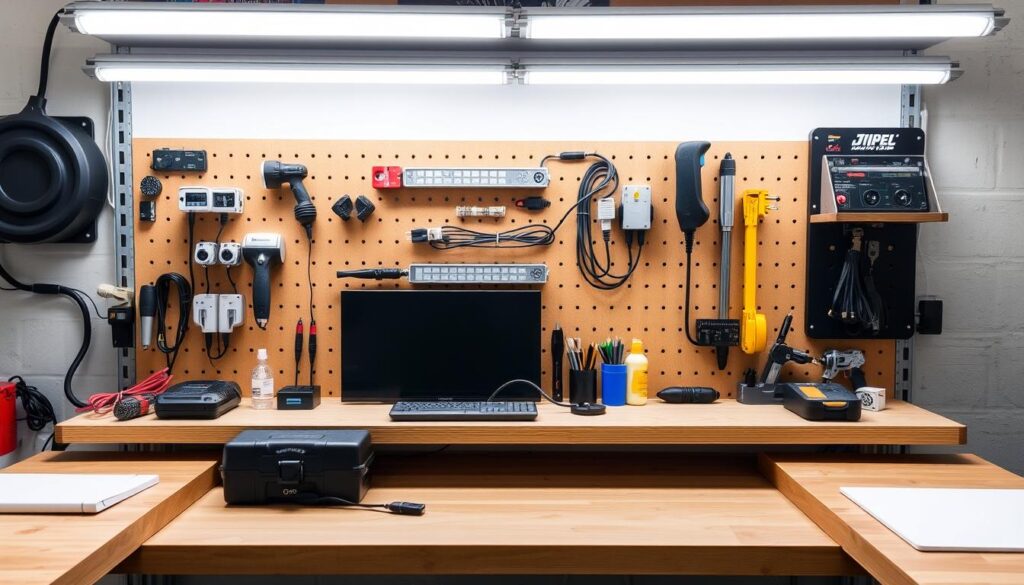 An image of a well-organised workbench with various accessories such as LED lighting, power strips, and storage solutions.