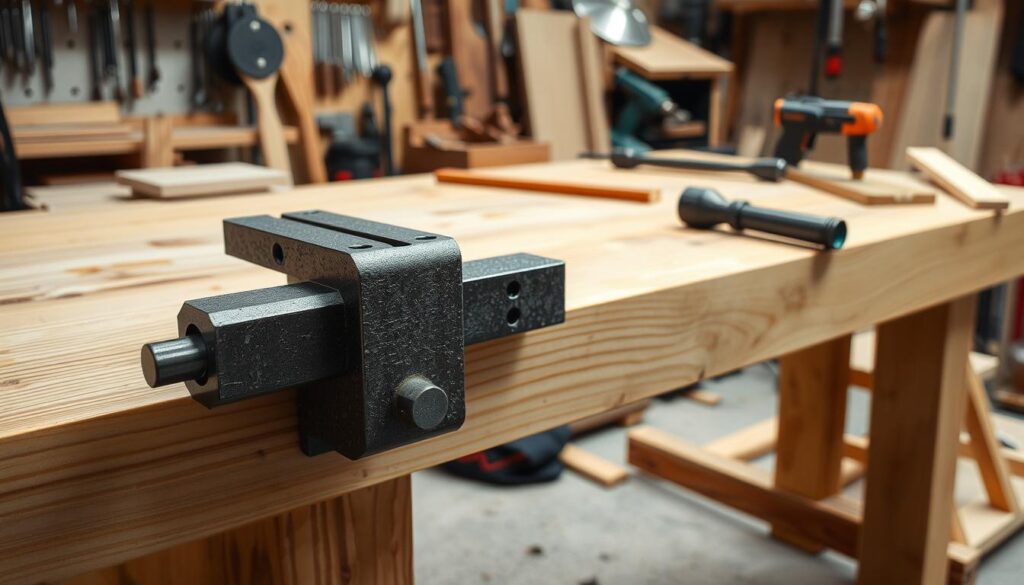 An image of a workbench with a vise installed