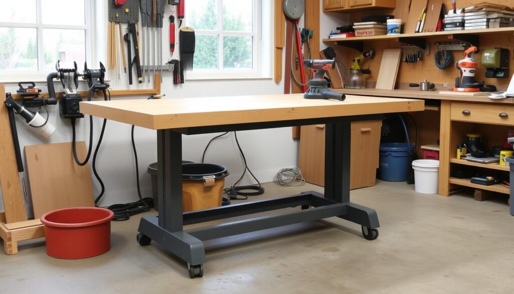 An image of an adjustable-height workbench in a workshop setting