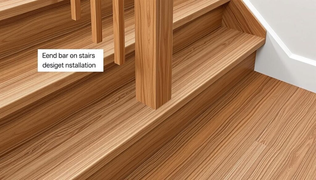An image of an end bar and stair nosing installed on a staircase.