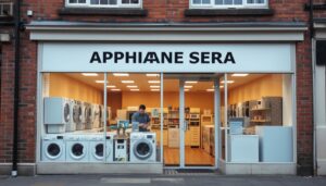 Appliance repair shop in Leeds, England, with a classic brick facade and a well-maintained storefront. The interior is brightly lit, revealing a well-stocked showroom filled with various home appliances. A skilled technician is visible through the large display windows, carefully examining a washing machine. The scene conveys a sense of professionalism and attention to customer service, with a warm, inviting atmosphere that reflects the city's renowned reputation for high-quality home appliance repair services.