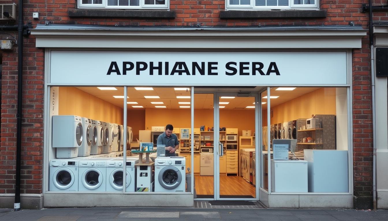 Appliance repair shop in Leeds, England, with a classic brick facade and a well-maintained storefront. The interior is brightly lit, revealing a well-stocked showroom filled with various home appliances. A skilled technician is visible through the large display windows, carefully examining a washing machine. The scene conveys a sense of professionalism and attention to customer service, with a warm, inviting atmosphere that reflects the city's renowned reputation for high-quality home appliance repair services.