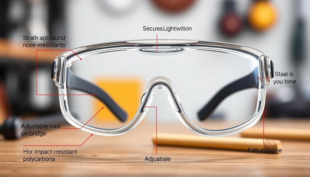 Close-up detailed illustration of safety goggles showcasing key features. Foreground focuses on a pair of high-quality safety goggles with a sleek, wrap-around frame design. Lenses are clear, scratch-resistant, and provide full eye coverage. Middle ground highlights adjustable, padded nose bridge and temples for a secure, comfortable fit. Background shows the goggles' durable, lightweight construction material, such as impact-resistant polycarbonate. Bright, even lighting from the front illuminates the goggles' features. Slight depth of field blur creates a focal point on the essential elements. Overall, a technically accurate, informative depiction of safety goggles suitable for home workshops.
