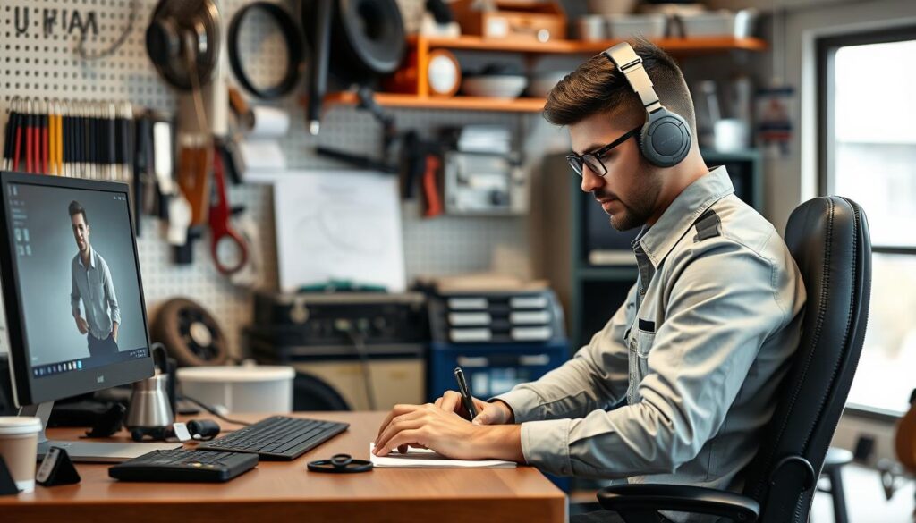 Create an image of a repair service technician sending a personalised email to a customer