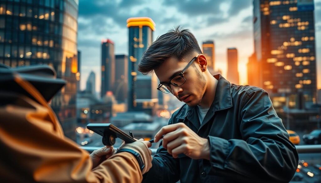 Create an image of a repair technician working on a device with a cityscape in the background.