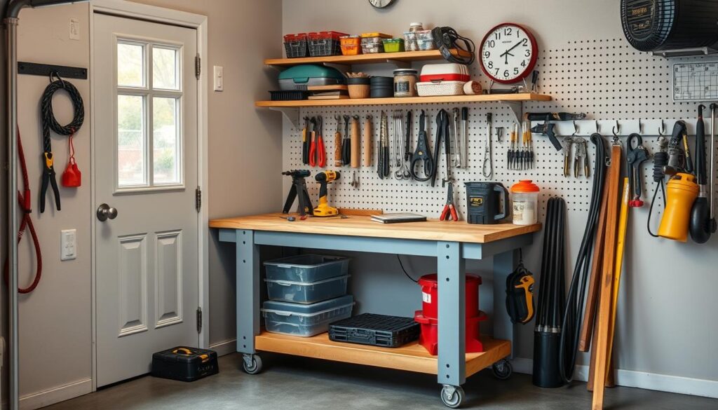 Create an image of a slim utility workbench in a compact garage